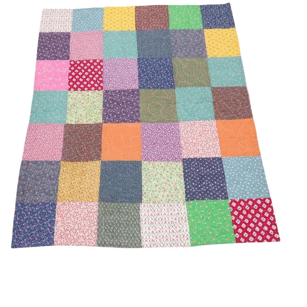Vintage Handmade Patchwork Crib Quilt Multicolor Floral Calico Cotton 31